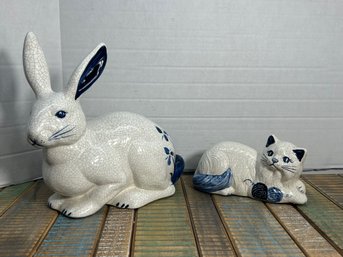 CRJ8/RER 2pcs: Blue Ceramic Bunny And Cat Decorations - Dedham Pottery?