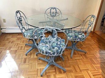 Vintage Blue Painted Patio Set With Round Glass Top Table And 4 Floral Vinyl Padded Chairs