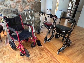 5 Piece Medical Assistance Lot With Wheelchair, Walking Assisters And Adjustable Crutches