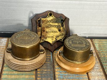CRS6/RER 3pcs: Vintage - Antique Brass Water Meter Caps On Wood