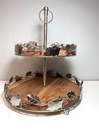 Beautiful Farmhouse Chic 2 Tier Wood Dessert Server W Silver Leaf & Red Glass 'berry' Design