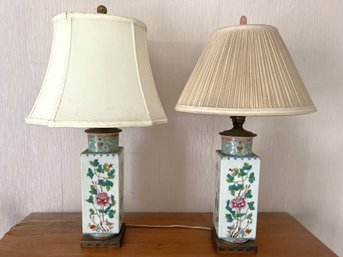 B2A/ Pair Of Lovely Vintage Asian Style Square Shaped Painted Ceramic Table Lamps W Detailed Brass Base