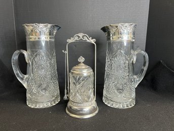 SF/ 3pcs - Stunning Silver Plate And Glass - 2 Tall Water Pitchers, 1 Pickle Castor