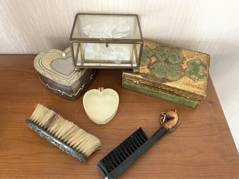 B2A/ 6 Vintage Pcs - Wood Horse Head & Sterling Silver Suit Brushes & 4 Trinket Jewelry Boxes