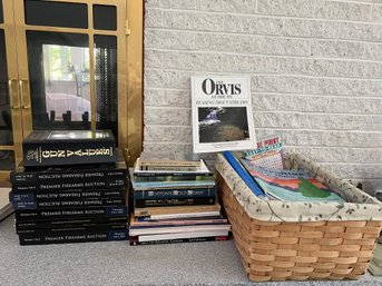 LR/ Right Side Hearth: Book Lot - Geography, Gun Auction Catalogs, Basket Of Local/Regional Road Atlas Etc