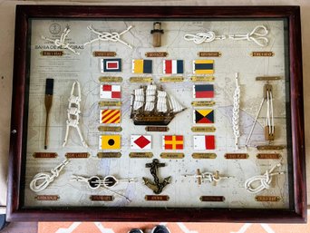 P/ Nautical Themed Shadow Box With Display Of Nautical Knots And Flags
