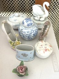 B2A/ 8 Pc Vintage Trinket Collectible Lot - Swan Music Box Etc By Coalport, Aki, Otagiri, Japan, China...