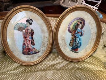 2 Vintage Pictures Of Geisha Girls In Oval Frames By Sungott Art Studios NY