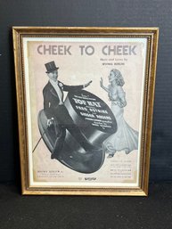 SF/ Framed Cover Page Of Sheet Music For 'Cheek To Cheek' Irving Berlin