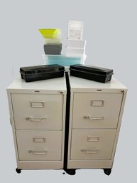 E/ 3pcs - Hirsh Grey Metal 2 Drawer File Cabinets On Caster Base And Assorted Plastic Storage Containers