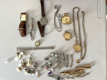 B2A/ 2 Bags - Beautiful Bundle Of Assorted Vintage Watches, Pocket Watches, Tie Tacks, Cuff Links Etc