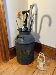LR/ 6pcs - Vintage Tall Milk Can, Canes, Umbrella & A Vintage Cast Iron Door Stop