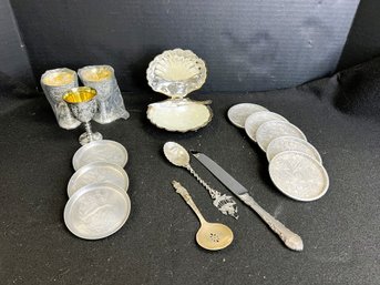 SF/ Box 16pcs - Assorted Vintage Silver Plate Serving Pieces: Coasters, Caviar, Cordials And More