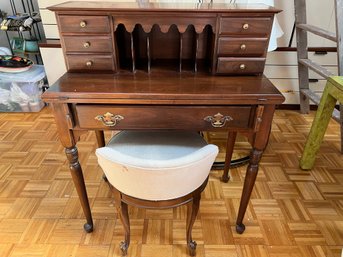 Vintage Ethan Allen Drop Down Desk And Very Cool Upholstered Swivel Chair W/ Wood Base