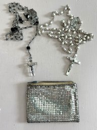 B2A/ 3 Religious Pcs - Creed Sterling Crucifix Rosary Beads, Lucite Crucifix Rosary Beads, 1 Silver Mesh Bag