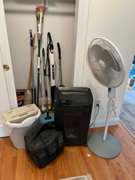 E/ Closet: Assorted Home Tools - Holmes Stand Fan, 2 Shredders, Floor Cleaners Etc