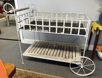 AD38/2FL: Large Metal And Wood Cart On Wheels W Removable Wood Slat Shelves, Wood Handle, 2 Metal Wheels