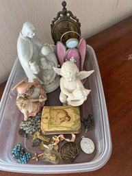 B2A/ 20 Pc Asstd Religious Lot - Brass St. Anne Holy Water Font France, Prayer Book, Music Box, Medals...etc