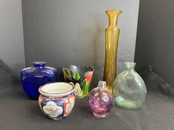 SF/ 6pcs - Variety Of Vases And Pots: 4 Colorful Art Glass, 1 Ceramic, 1 Metal - Goldimari Etc