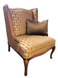 AD34/2FL: Vintage Brown Wood Upholstered Arm Chair And Pillow