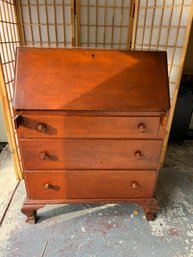 G/ Vintage Drop Front Wood 3 Drawer Secretary Desk With Key