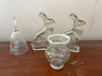 B2A/ 4 Vintage Glass Pcs - 2 J H Millstein Bunny Rabbits, Painted Vase, Painted Bell