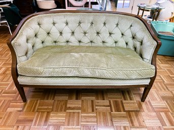 Lovely Vintage Celadon Fabric And Wood Settee