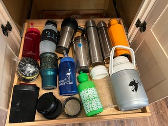 K/Drawer - Assorted Plastic And Metal Travel Drink Ware: Corkcicle, Alexapure, Gander Mountain Etc