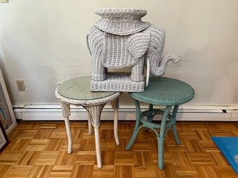 3 Wicker Tables/plant Stands - 2 Round (1 With Glass Top), 1 Elephant Shaped