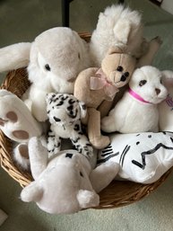 B2A/ Basket Of 9 Assorted Stuffed Animals - Pillow, Seal, Teddy Bears, Bunnies, Kitties Etc