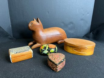 SF/ 5pcs - Collection Of Assorted Small Boxes: Painted, Teakwood, Cat Shape Etc