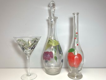 3 Beautiful Hand Painted Glassware - Martini Glass & 2 Wine Liquor Decanters