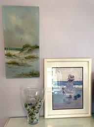 B2B/ Beachy Seaside Trio - Glass Vase W Sea Glass Pcs, 2 Pcs Framed Prints - Signed C Kieffer & C Melton