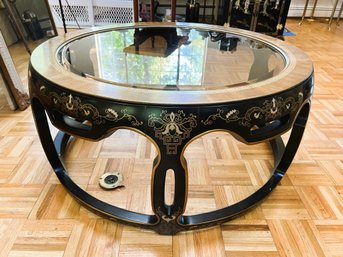 Asian Inspired Large Round Coffee Table With Glass Top