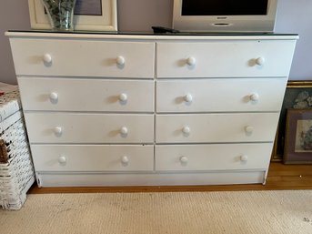 B2B/ Vintage Simple White Painted 8 Drawer Low Dresser W Glass Top