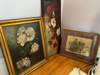 B2B/ Trio Of Vintage Floral Paint Artwork Pieces - Ida Parker, EBJ Etc