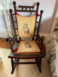 B2B/ Lovely Antique Spool Design Rattan Seat Child's Rocker Rocking Chair Hand Crafted Kitten Cushions