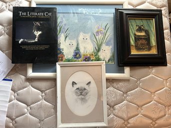 B2B/ Cat Lover Bundle - 3 Framed Art Paul Stagg Virginia Miller & Unsigned, 1 Book 'The Literate Cat'