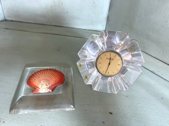 DR/ 2pcs - Glass Encased Orrefors Clock West Germany, Sea Shell Trinket