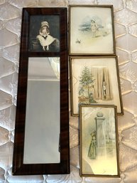 B2B/ 4 Victorian Vintage Prints Of Children - 3 Framed  Signed FMS? & Long Narrow Mirror W Victorian Girl