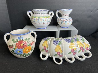 SF/ 8pcs - Assorted Artist Signed Painted Pottery And Fruit Design Ceramic Cups