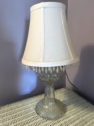 B2B/ Lovely Pressed Glass Table Budoir Lamp, Converted Oil To Electric, White Shade W Crystals Trim