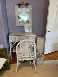 B2B/ 8 Pcs - Wicker Desk Vanity, Chair, Mirror, Wastebasket & 3 White Butterflies, 1 Framed Duck Pen & Ink