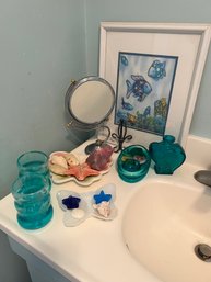 B2/ Bathroom Accessories Lot - Framed Rainbow Fish Print, Shells, Make Up Mirror, Teal Cups, Soap Dishes...