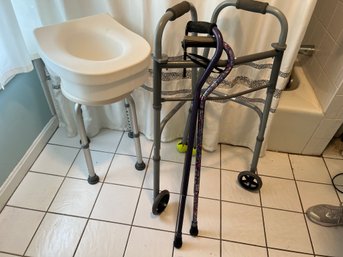 B2/ 5 Pc Medical Equipment Lot - Shower Seat, Guardian Walker,  Toilet Seat Riser, 2 Canes