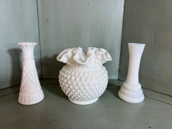 DR/ 3pcs - Milk Glass Lot: Bud Vase, Hobnail Style Vase With Ruffled Top, Bud Vase With Beaded Top