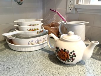 K/ 9pcs - Papel Teapot, Corning Ware Cook/Bake Pieces, Sushi Plate, Small Pitcher
