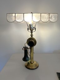 Brass Western Electric Antique Candlestick Telephone Lamp Stunning Rectangle Shell-Craft 12 Panel Shade