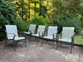 BY/ 5 Metal Outdoor Patio Arm Chairs W/ Green Sling Fabric Seat And Back - Marked: Woodward