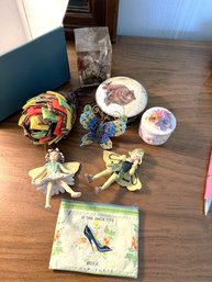 B2A/ Box Of 8 Trinkets - 2 Trinket Boxes, 2 Fairies, Butterfly, Paper Weight, Little Zip Bag, Fabric Flower